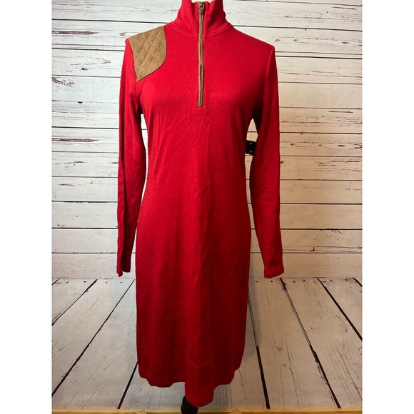 Ralph Lauren Shirt Dress Medium NWT equestrian Suede Patch Red Long Sleeve - Picture 1 of 13